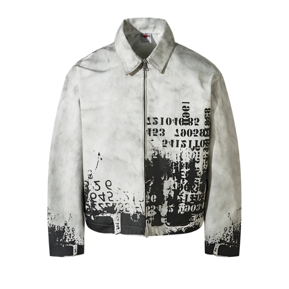 Gray jacket with black text and number print on a white background