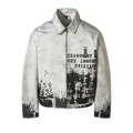 Gray jacket with black text and number print on a white background