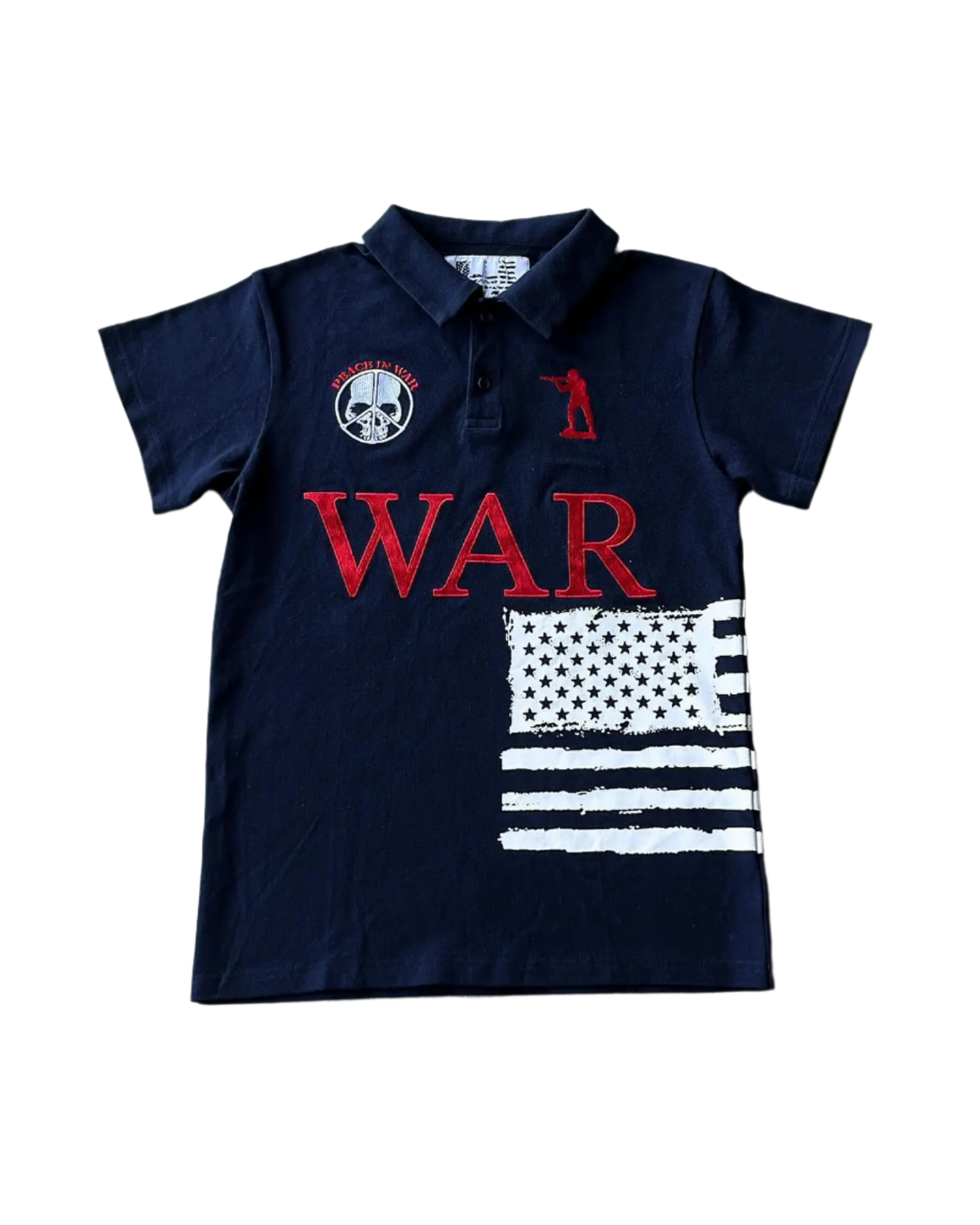 Navy blue polo shirt with red and white graphic design on a gray surface