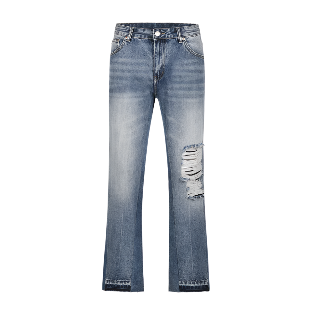 Contrast Washed Flare Jeans – Ripped Loose Fit Streetwear for Men