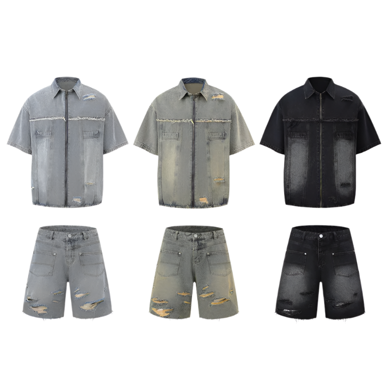 Set of denim shirts and shorts with MAQVOB branding on a white background