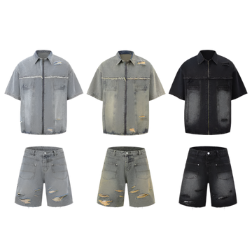 Set of denim shirts and shorts with MAQVOB branding on a white background