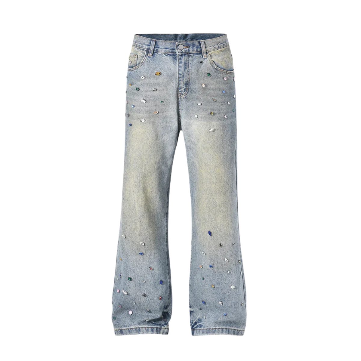 Light blue jeans with decorative studs on a white background