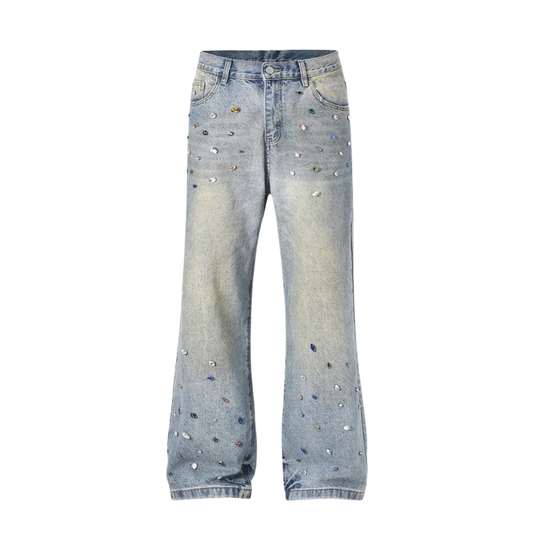 Light blue jeans with decorative studs on a white background