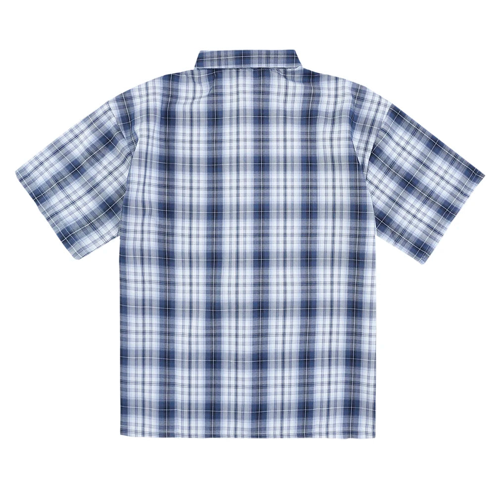 Plaid shirt with embroidered text on a white background