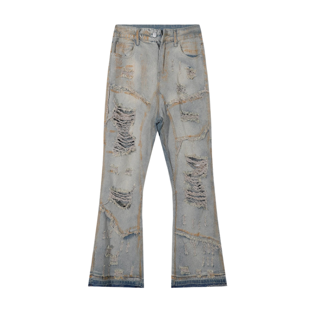 Distressed light blue jeans on a white background