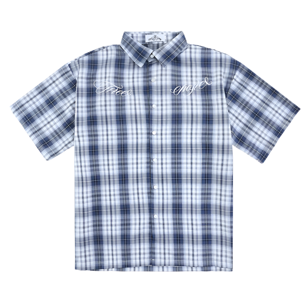 Plaid shirt with embroidered text on a white background
