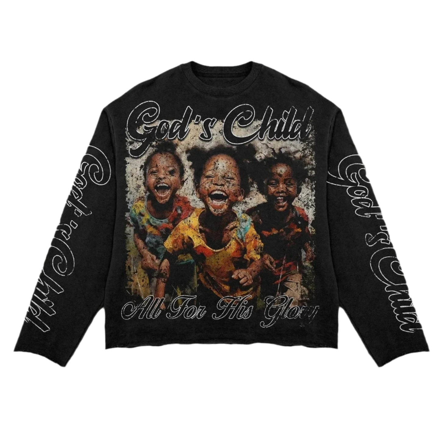 Black long-sleeve shirt with graphic of three children and text 'God's Child All For This Glory' on a white background