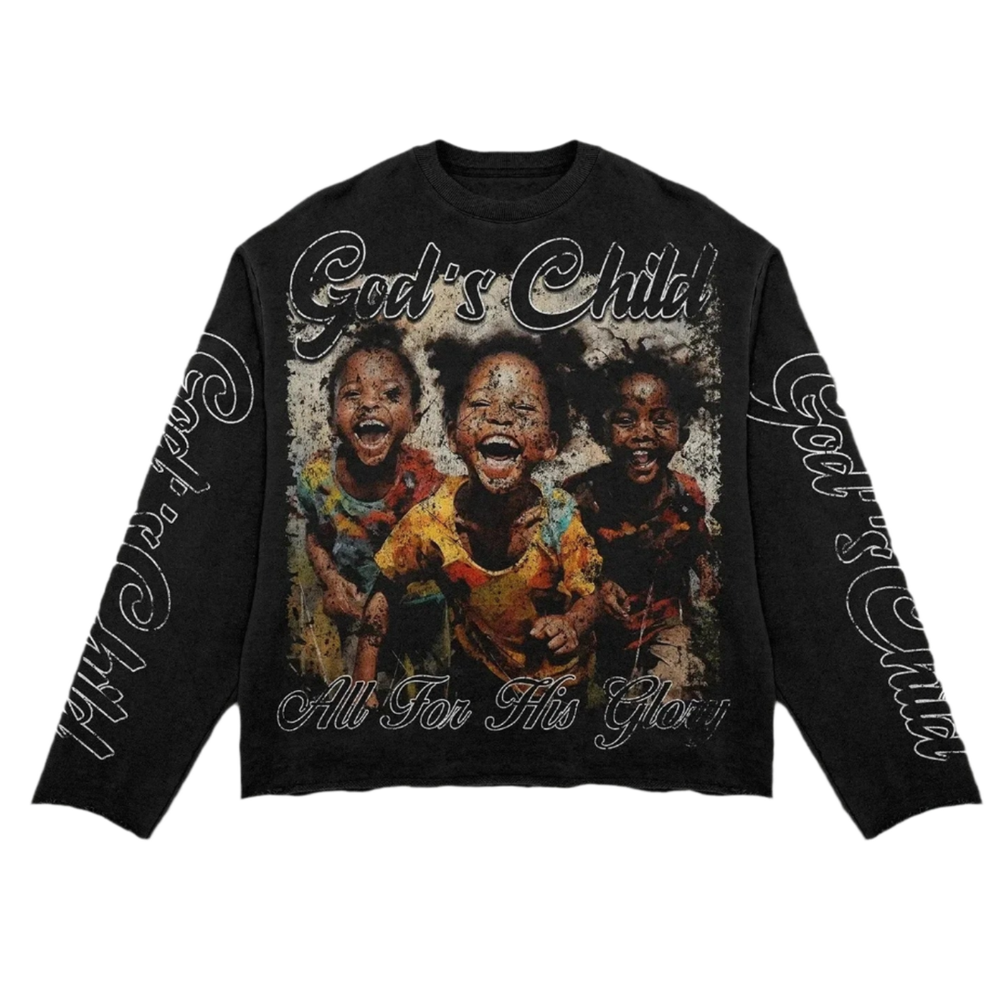 Black long-sleeve shirt with graphic of three children and text 'God's Child All For This Glory' on a white background