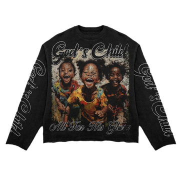 Black long-sleeve shirt with graphic of three children and text 'God's Child All For This Glory' on a white background