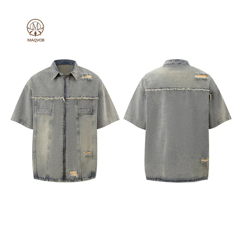 Set of denim shirts and shorts with MAQVOB branding on a white background