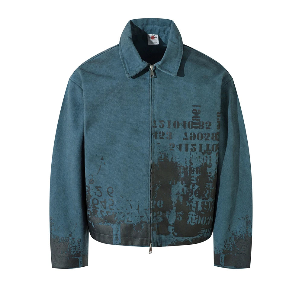 Gray jacket with black text and number print on a white background