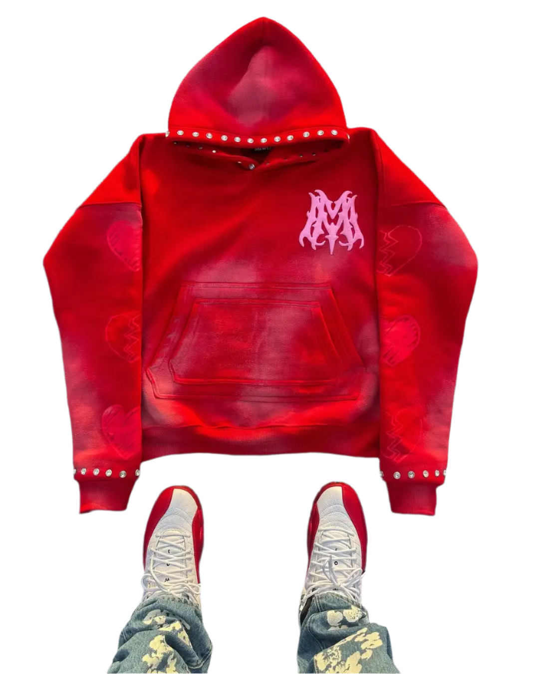 Red transparent hoodie with a logo on a dark surface