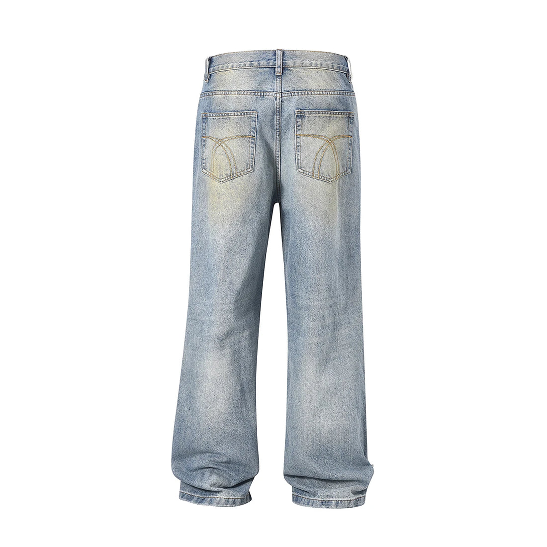 Light blue jeans with decorative studs on a white background