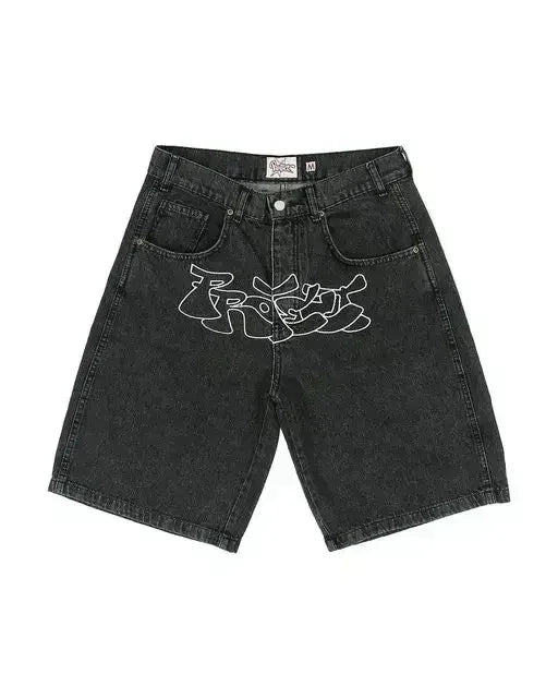 Black denim shorts with cross designs on a white background