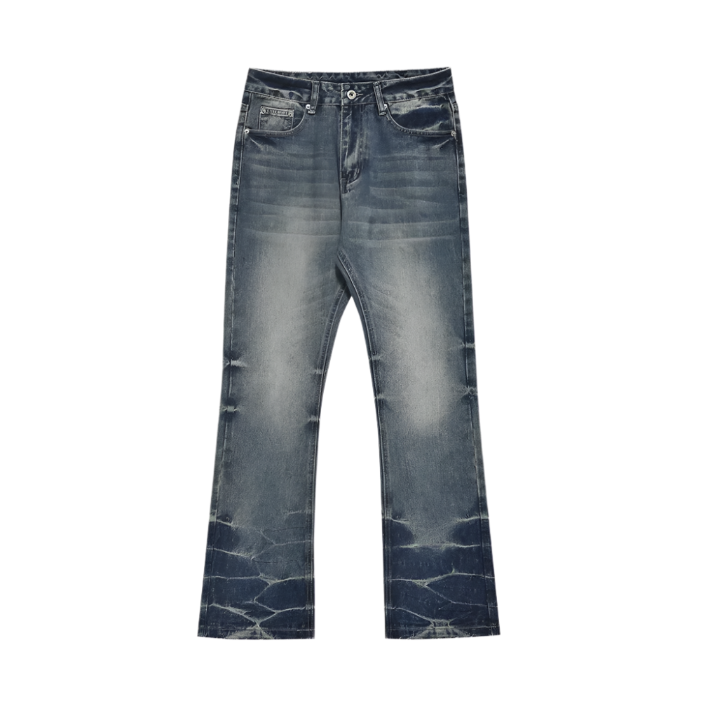 Blue jeans with 'UCREBEL' branding on a white background